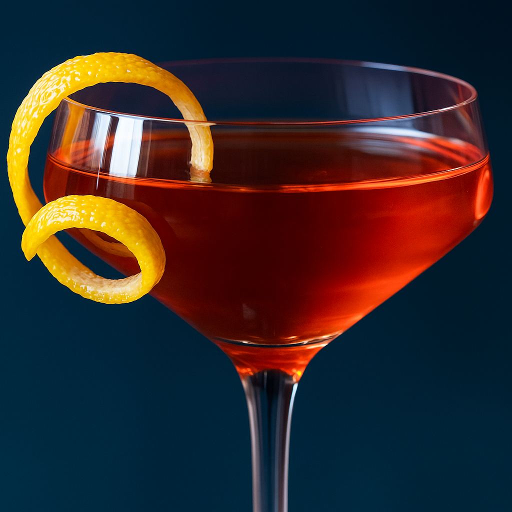 New Pal cocktail in a coupe with a long orange twist